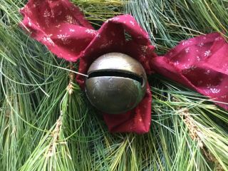 Antique 19th C Brass Christmas Sleigh Bell w/ 1890’s Red Calico Bow AAFA 3