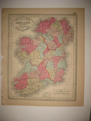 Fine Antique 1885 Ireland Handcolored Map Railroad Ornate Border Rare Nr