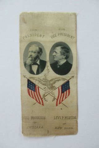 Benjamin Harrison - Levi Morton 1888 Picture Ribbon With Flags