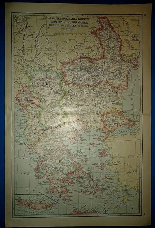 Vintage 1916 Albania Montenegro Serbia Bulgaria Greece Map Antique & Authentic