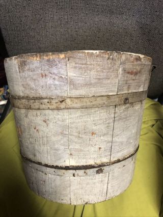 Antique Wooden Sap Bucket 2 Metal Straps,  Staved Barrel Construction,  Pine