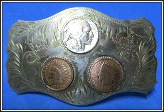 Vintage Indian Head Nickel & Pennies Comstock Silversmiths Western Belt Buckle