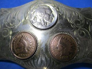 Vintage Indian Head Nickel & Pennies Comstock Silversmiths Western Belt Buckle 2