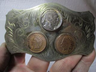 Vintage Indian Head Nickel & Pennies Comstock Silversmiths Western Belt Buckle 3