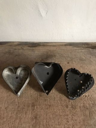 3 Old Antique Tin Heart Form Cookie Cutters Aafa Patina Handmade