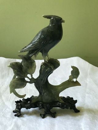 Vintage Chinese Jade Shoudai Or Paradise Flycatcher Bird On Carved Stand,  10 "