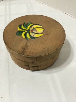 Antique Primitive Bent Wood Round Cheese Pantry Box 6 " Hand Painted Lid