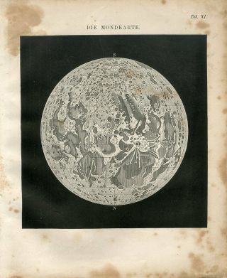 1856 Planet Moon View Celestial Astronomy Antique Steel Engraving Map Joh.  Muller