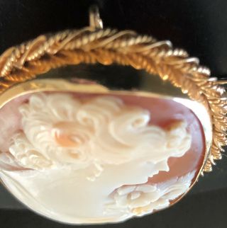 14k Yellow Gold Hand Carved Shell Cameo Vintage Pin Brooch Pendant W Rope Trim 3