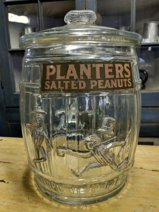 Vintage 1930s Planters Peanuts Nuts Candy Store Embossed Glass Jar Sign