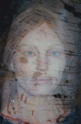 1990s Found Unusual Double Exposure Woman Birch Bark Odd Abstract Russian Photo