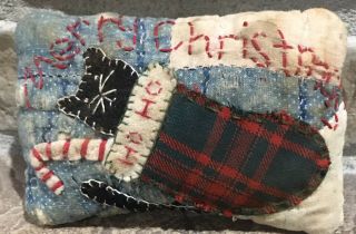 Primitive Merry Christmas Black Cat In Stocking Pillow - Made From Vintage Quilt
