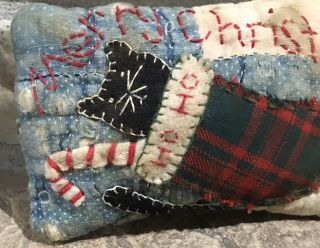Primitive Merry Christmas Black Cat In Stocking Pillow - Made From Vintage Quilt 2