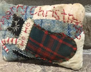 Primitive Merry Christmas Black Cat In Stocking Pillow - Made From Vintage Quilt 3
