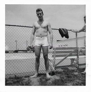 Swimming Pool Portrait Vintage Found Photograph Bw Shirtless Young Man 012 11 D