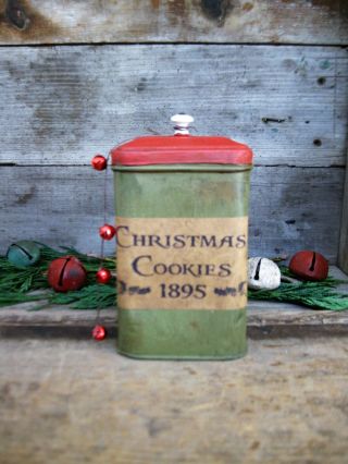 Antique Pantry Tin Red And Green Milk Paint Christmas Cookies