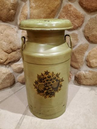 Vintage Steel Milk Can Painted Olive Green With Grape Décor And Bottom Drain