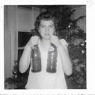 Christmas Girl Vintage Found Photo Bw Tree Young Woman Snapshot 012 11