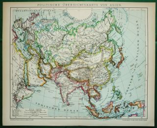 1895 Antique Map Of Asia.  China.  India.  Japan.  Korea.  Iran.  Irak.  Afghanistan.