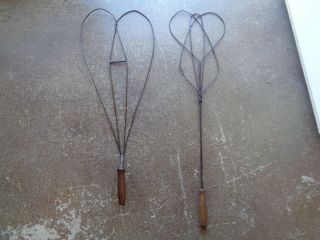 2 Antique Vintage Wire Rug Beater With Wooden Handle Wall Hanging 30 " & 33 " Long