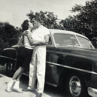 Vintage Black And White Photo Woman Man Couple Kissing Dodge Coronet 1955
