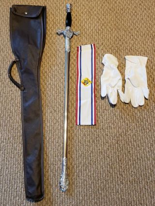 Vintage Knights Of Columbus Fraternal Ceremonial Sword With Bag,  Gloves,  Armband