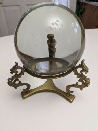 Antique - Vintage Murano Crystal Ball With Metal Dragon Brass Stand Large