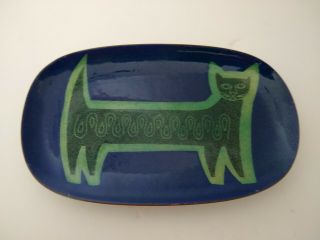 Miguel Pineda Signed Vintage Enamel Cat Plate Dish - Mid - Century - Mexico
