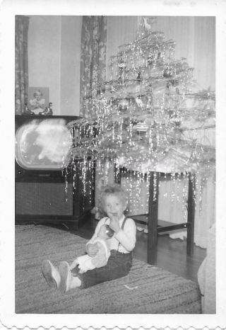 Christmas Girl Vintage Found Photograph Bw Tv Doll Tree Snapshot 09 20