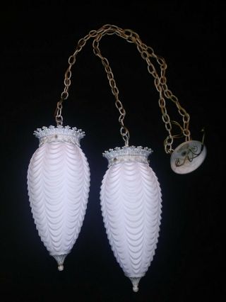 Vintage Swag Ruffle White Coned Light Fixture Glass Hanging Double Pendant