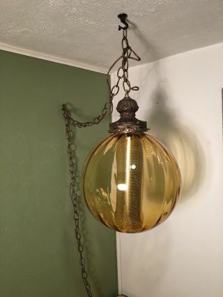Vintage Swag Amber Glass Hanging Light W/ Chain Mid - Century Modern Lamp Pendant