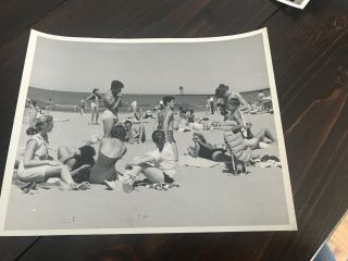 Vtg 1950s 8x10 B&w Photo Beach Scene Girl Taking Picture Guy Smoking Cigarette