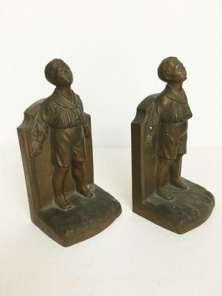 Vtg Antique Boy Eagle Scout Figural Bookends Kronheim & Oldenbusch Bronze Tone