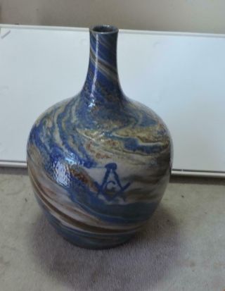 Large Antique Arts & Crafts Niloak Swirl Drip Glaze Masonic Masons Emblem Vase