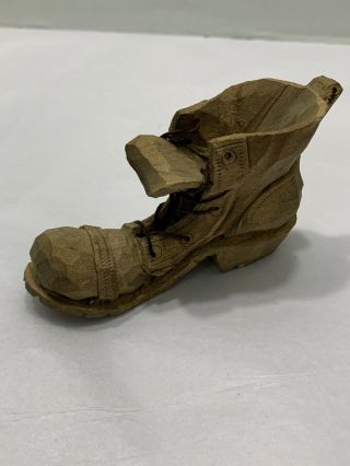 Vtg Folk Art Primitive Hand Carved Wood Old Worn Boot Shoe Figurine 4”