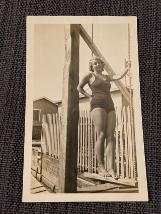 Sexy Lady In Swimsuit On Swing Vintage 1940s B&w Photograph