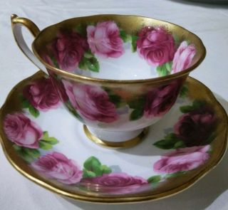 Vtg 1930s Royal Albert Heavy Gold Edge Old English Rose Tea Cup - Saucer.  Exc.