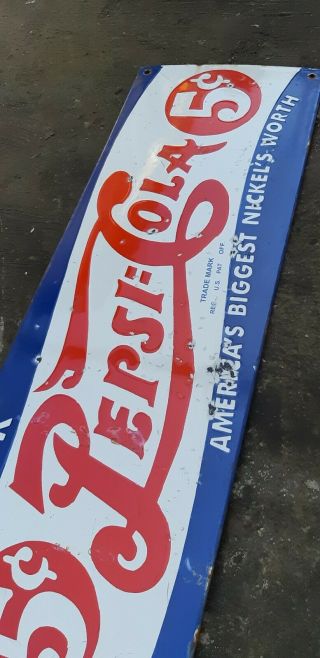 Vintage Pepsi Cola 5c 30” x 10” Porcelain Enamel Sign.  Pre - Owned 2