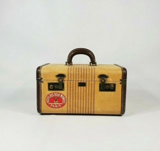 Vintage Gold Tan Tweed Striped Train Case Suitcase 1940 