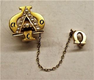 Alpha Phi 10k Gold Pin - Back Badge,  Chain,  And Omega With Seed Pearls
