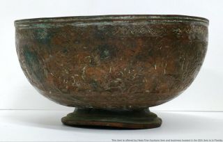 Ancient Antique Archaic Indo Persian Copper Wash Sword Horse Soldier Battle Bowl