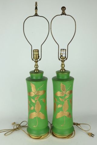 Vintage Pair Green Glazed Ceramic Table Lamps Gold Painted Leaves,  Tested/works