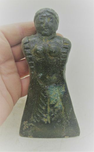 Scarce Ancient Roman Bronze Axe Head With Female Form Terminal Circa 100 Bce