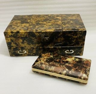 Vintage Mele Jewelry Box Set Faux Tortoise Shell Brown Gold Marble Faux Leather