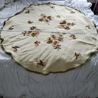 Vintage Crewel Embroidered Floral Round Wool Tablecloth