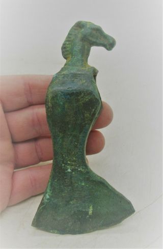 Ancient Viking Bronze Axe Head With Horse Head Terminal