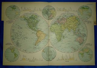 Vintage 1892 World Hemispheres Map East - West - North - South Antique
