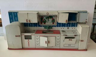 Vintage Tin Litho Toy Dollhouse Kitchen Sink Stove Washer Set
