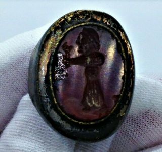 Rare Ancient Roman Bronze Ring With Red Intaglio - Circa 200ad