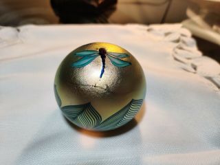Vintage Orient & Flume Art Glass Paperweight W/ Dragonfly,  Signed,  Dated 1978